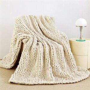 Chunky Knit Blanket Throw 51"x63", 100% Hand Knit Chenille Throw